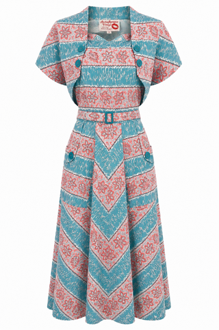 The "Ayda" 2pc Dress & Detachable Shrug Bolero Set In Fiesta Print, True 1950s Vintage Style