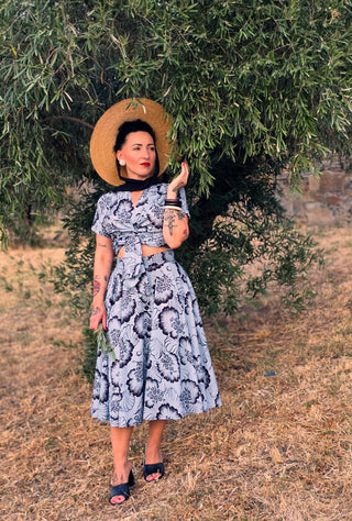 The "Beverly" Button Front Full Circle Skirt with Pockets, in Midnight Waltz, True 1940s Vintage Style