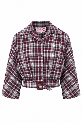 **Limited Edition** The "Be-Bop" Semi-Cropped, 3/4 Sleeve Jacket in Burgundy Check, 100% Cotton .. Classic Early 50s Style