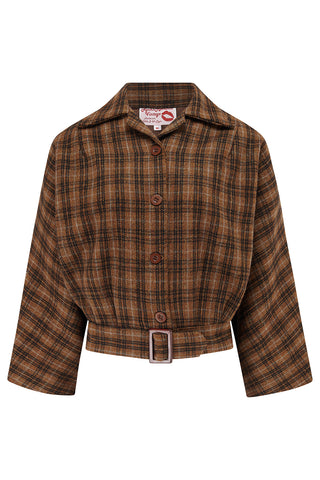 The "Be-Bop" Semi-Cropped, 3/4 Sleeve Jacket in Brown/Black Check, 100% Wool .. Classic Early 50s Style