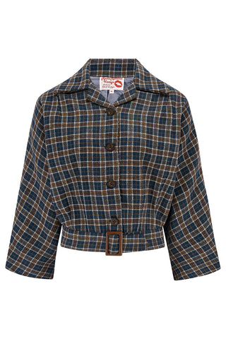 The "Be-Bop" Semi-Cropped, 3/4 Sleeve Jacket in Navy & Brown Check, 100% Wool .. Classic Early 50s Style (Wool No.7) - Vintage Clothing, CC41, Dress For Goodwood Revival, Vintage Outfit, Twinwood Festival Outfit, Viva Las Vegas Rockabilly Weekend Rock n Romance Rock n Romance
