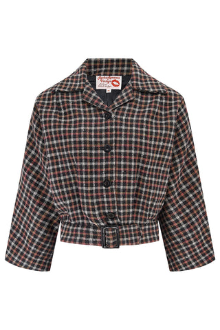 The "Be-Bop" Semi-Cropped, 3/4 Sleeve Jacket in Black & Red Small Check, 100% Wool .. Classic Early 50s Style (Wool No.9)