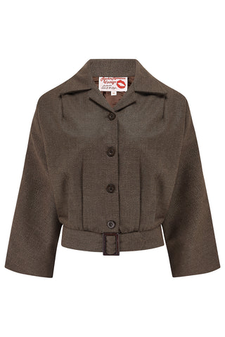 The "Be-Bop" Semi-Cropped, 3/4 Sleeve Jacket in Brown Slub Weave Viscose .. Classic Early 50s Style