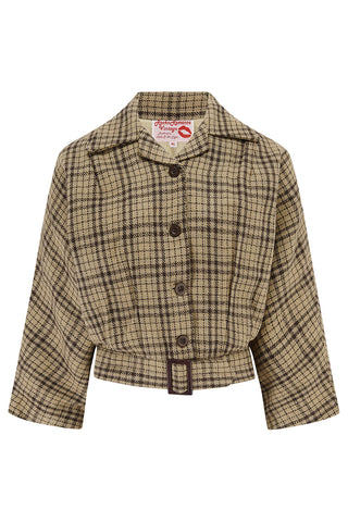 The "Be-Bop" Semi-Cropped, 3/4 Sleeve Jacket in Brown Check, 100% Wool .. Classic Early 50s Style (Wool No.1)