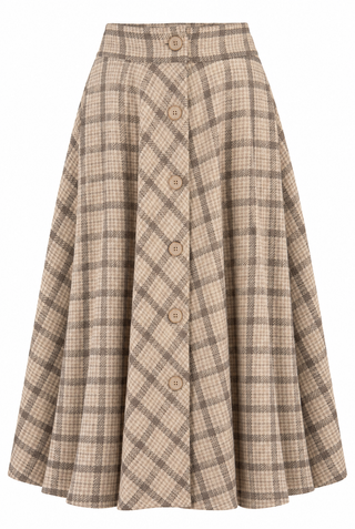 RnR "Luxe" Range "Beverly" Button Front Full Circle Skirt with Pockets, Cream Check  100% Woolen Check, True 1940s Vintage Style (Ref.No 113)
