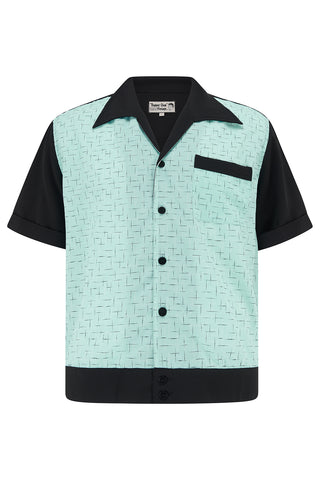 Mens "Benson" Banded Hem RocknRoll Shirt In Atomic Stitch Print & Black. 1950s Rockabilly Shirt