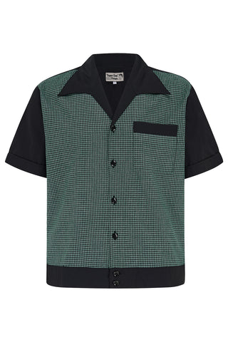 **Pre-Order** Mens "Benson" Banded Hem RocknRoll Shirt In Green & Black, 100% Cotton. 1950s Rockabilly Shirt
