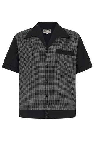 **Pre-Order** Mens "Benson" Banded Hem RocknRoll Shirt In Grey & Black, 100% Cotton. 1950s Rockabilly Shirt