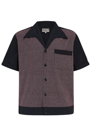 **Pre-Order** Mens "Benson" Banded Hem RocknRoll Shirt In Pink & Black, 100% Cotton. 1950s Rockabilly Shirt