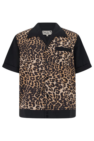 Mens "Benson" Banded Hem RocknRoll Shirt In Leopard Print & Black. 1950s Rockabilly Shirt