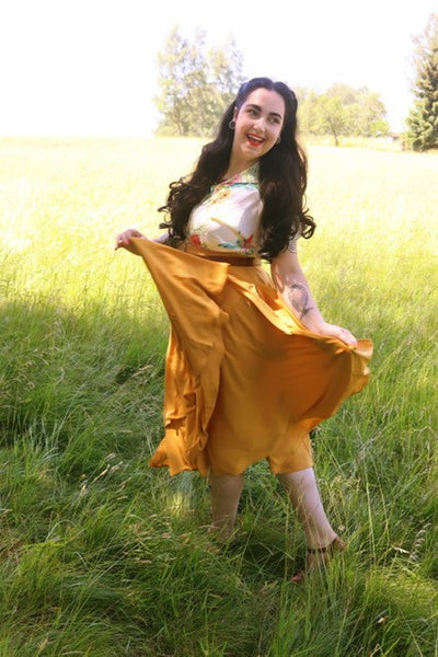 The "Beverly" Button Front Full Circle Skirt with Pockets in Solid Mustard, True 1950s Vintage Style