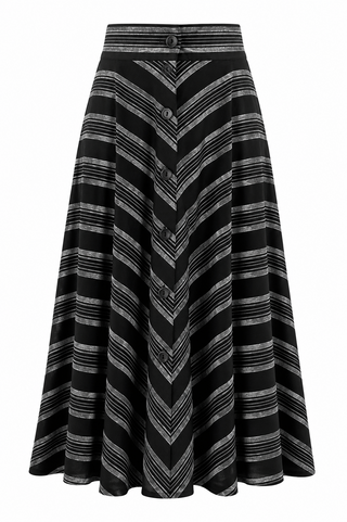 **Limited Edition** Beverly Button Front Full Circle Skirt with Pockets, Black Stripe 100% Cotton, True 1940s Vintage Style
