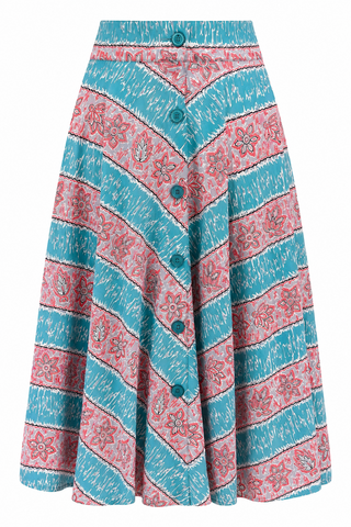 The "Beverly" Button Front Full Circle Skirt with Pockets, in Fiesta Print, True 1950s Vintage Style