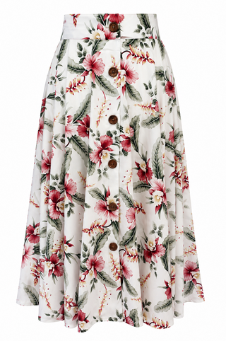 The "Beverly" Button Front Full Circle Skirt with Pockets, in Hibiscus Print, True 1950s Vintage Style (Copy)