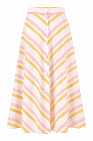 **Limited Edition** Beverly Button Front Full Circle Skirt with Pockets, Yellow & Peach Stripe 100% Cotton, True 1940s Vintage Style