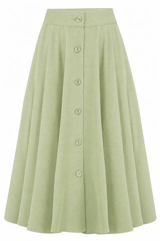 The "Beverly" Button Front Full Circle Skirt with Pockets in Sage, True 1950s Vintage Style