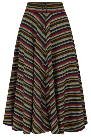**Limited Edition** Beverly Button Front Full Circle Skirt with Pockets, Black Multi Stripe 100% Cotton, True 1940s Vintage Style