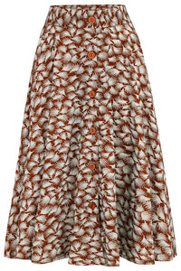 The "Beverly" Button Front Full Circle Skirt with Pockets in Cinnamon Whisp Print, True 1950s Vintage Style