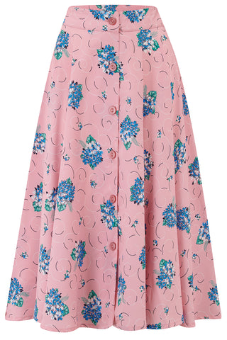 The "Beverly" Button Front Full Circle Skirt with Pockets in Pink Summer Bouquet, True 1940s Vintage Style