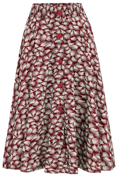 The "Beverly" Button Front Full Circle Skirt with Pockets in Wine Whisp Print, True 1950s Vintage Style
