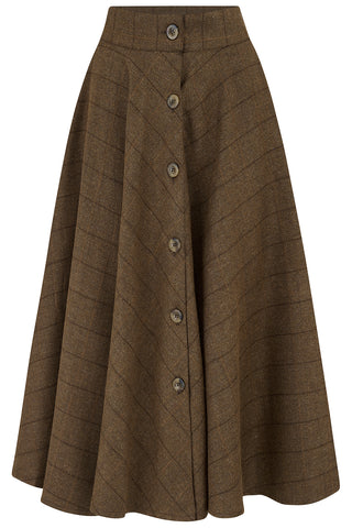 RnR "Luxe" Range "Beverly" Button Front Full Circle Skirt with Pockets, Brown Check  100% Woolen Check, True 1940s Vintage Style (Wool No.2)