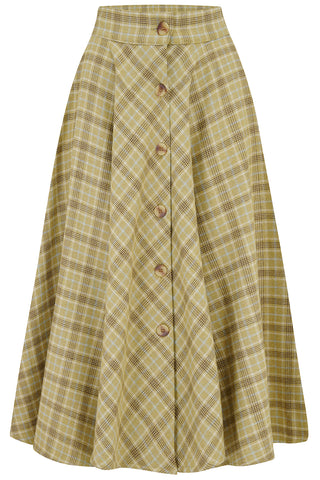 RnR "Luxe" Range "Beverly" Button Front Full Circle Skirt with Pockets, Light Mustard 100% Woolen Check, True 1940s Vintage Style (Wool No.3)