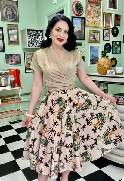 The "Beverly" Button Front Full Circle Skirt with Pockets in Tahiti Print, True 1950s Vintage Style - CC41, Goodwood Revival, Twinwood Festival, Viva Las Vegas Rockabilly Weekend Rock n Romance Rock n Romance