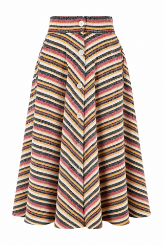 **Limited Edition** Beverly Button Front Full Circle Skirt with Pockets, White Multi Stripe 100% Cotton, True 1940s Vintage Style