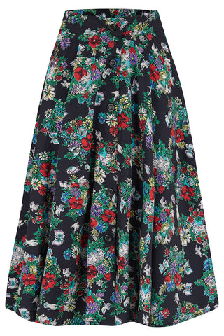The "Beverly" Button Front Full Circle Skirt with Pockets, in Secret Garden Print, True 1940s Vintage Style