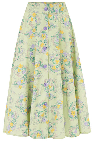 The "Beverly" Button Front Full Circle Skirt with Pockets, in Meadow Lane Print, True 1940s Vintage Style