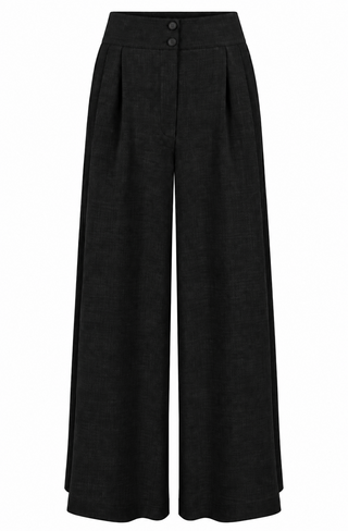 RnR "Luxe" Range.. Tailoring Weight Fabric "Sophia" Palazzo Wide Leg Trousers in Black Viscose Slub Weave .. Classic 1950s Style