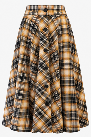 RnR "Luxe" Range "Beverly" Button Front Full Circle Skirt with Pockets, Black and Mustard 100% Brushed Cotton Check, True 1940s Vintage Style (Check No.9)