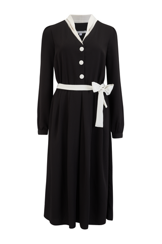 Rock n Romance **Sample Sale** "Brenda" Swing Dress in Solid Black with Contrast Collar, Authentic Vintage 1950s Style - RocknRomance Clothing