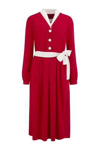 **Sample Sale** "Brenda" Swing Dress in Solid Red with Contrast Collar, Authentic Vintage 1950s Style - RocknRomance True 1940s & 1950s Vintage Style