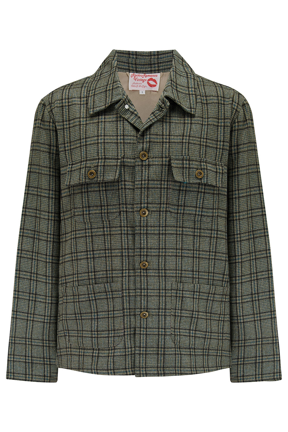 Die Herren-Hausarbeitsjacke „Bronson“ in grau/braun kariert, außen aus 100 % Wolle. Rockabilly-Vintage-Stil der 1950er Jahre
