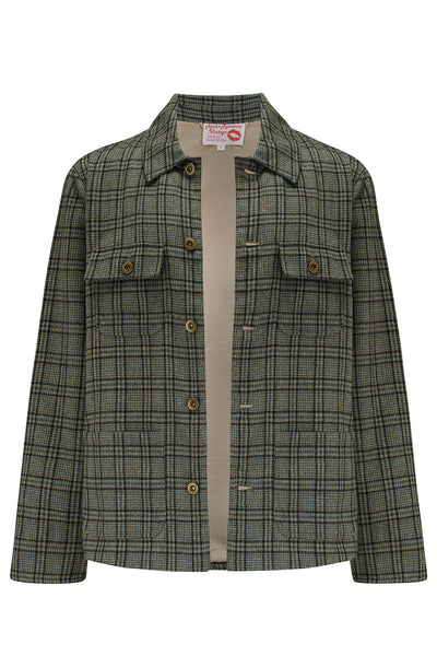 Die Herren-Hausarbeitsjacke „Bronson“ in grau/braun kariert, außen aus 100 % Wolle. Rockabilly-Vintage-Stil der 1950er Jahre