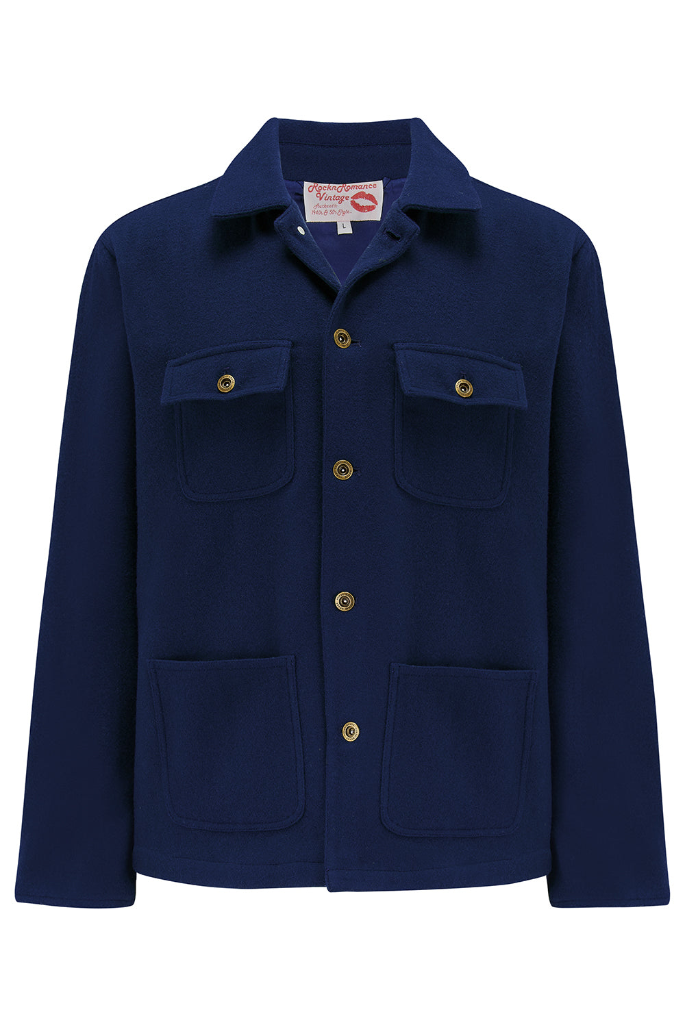 Die „Bronson“ Herren-Arbeitsjacke in Marineblau, außen aus 100 % Wolle. Rockabilly-Vintage-Stil der 1950er Jahre