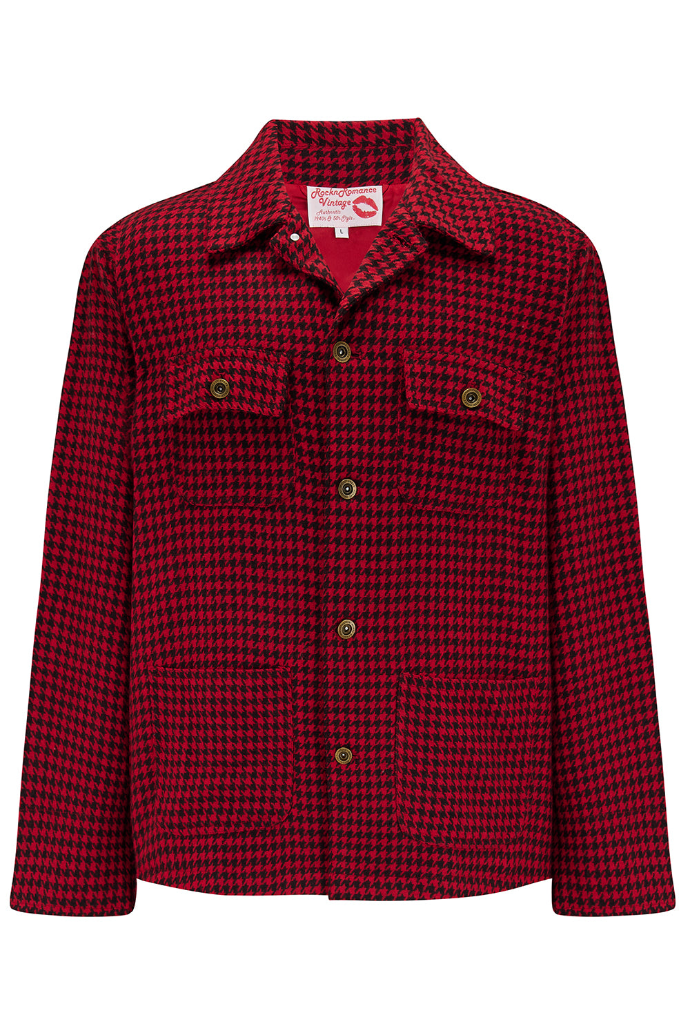 Die Herren-Arbeitsjacke „Bronson“ mit Hahnentrittmuster in Rot/Schwarz, Außenmaterial aus 100 % Wolle. Rockabilly-Vintage-Stil der 1950er Jahre