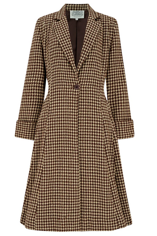 The Elizabeth Coat in Brown Houndstooth, 100% Wool & Satin Lined. A Classic Fitted 1940s Styled Overcoat