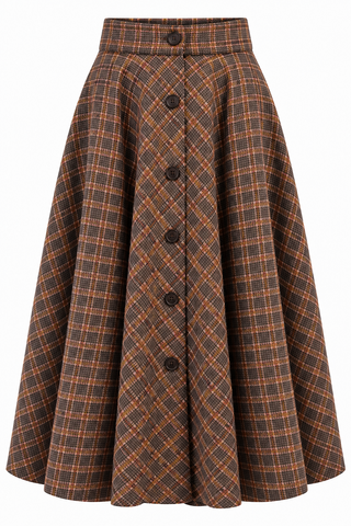 RnR "Luxe" Range "Beverly" Button Front Full Circle Skirt with Pockets, Brown Check, 100% Wool, True 1940s Vintage Style (Wool No.101)