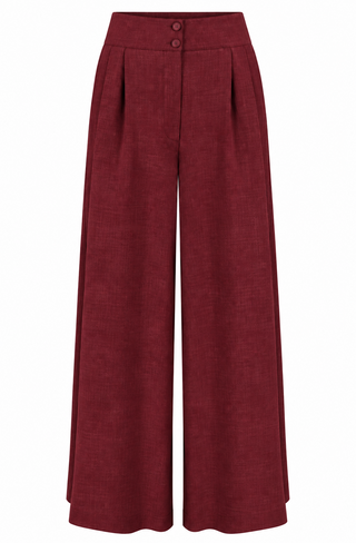 RnR "Luxe" Range.. Tailoring Weight Fabric "Sophia" Palazzo Wide Leg Trousers in Burgundy Viscose Slub Weave .. Classic 1950s Style