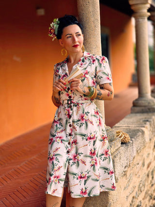 Charlene Shirtwaister Dress in Hibiscus Print, Classic Late 1940s Early 50s Vintage Style