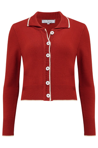 The "Betty" Collared Cardigan in Cherry Red, Fun Mid 1950s Vintage Style