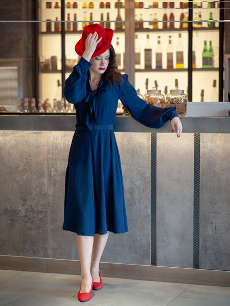 "Eva" Dress in Navy , Classic 1940's Style Long Sleeve Dress with Tie Neck