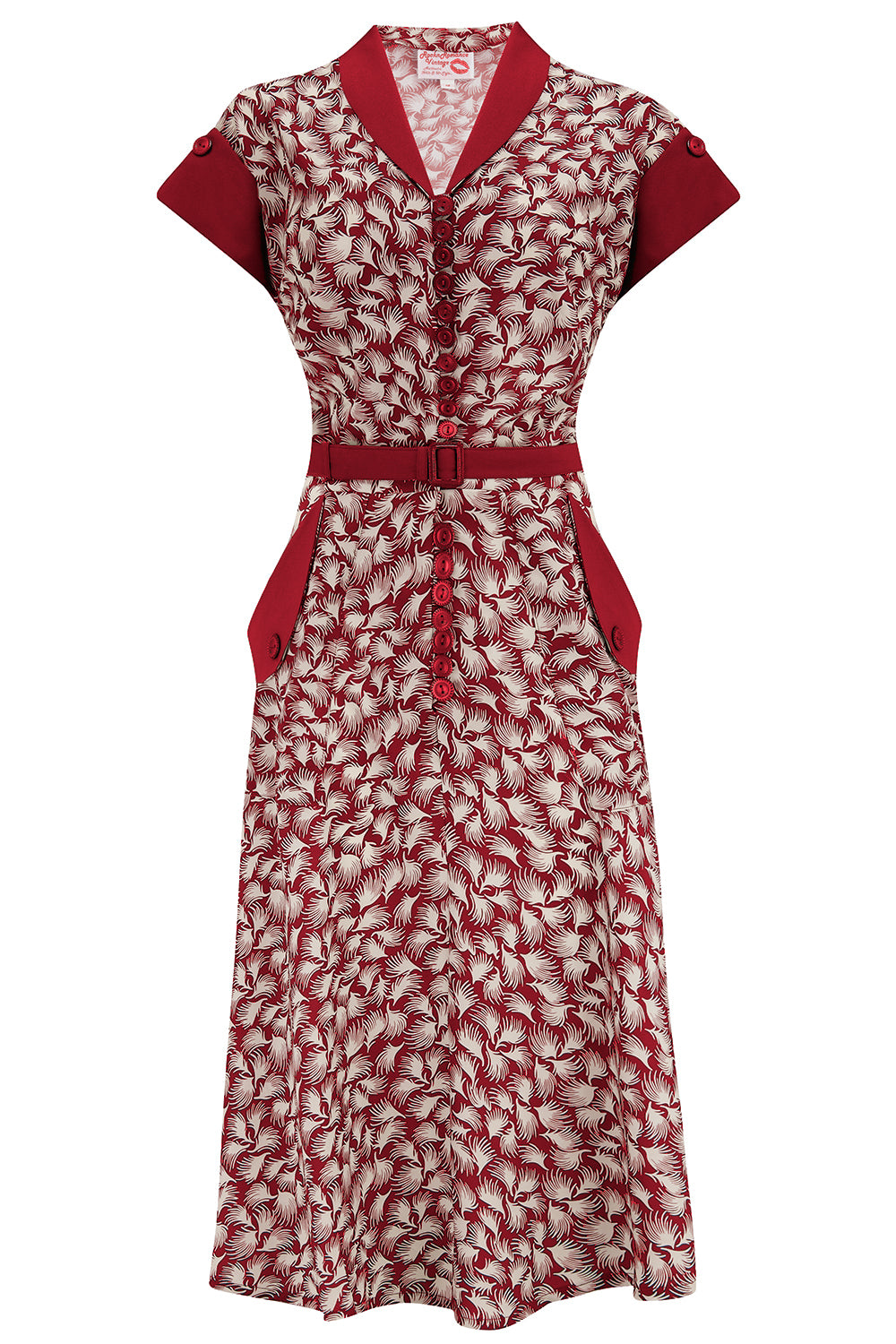 Das „Casey“-Kleid mit Wine Whisp-Print, echter und authentischer Vintage-Stil der 1950er Jahre