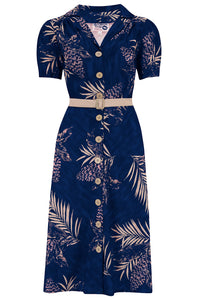 La robe Charlene Shirtwaister en imprimé palmier saphir, véritable style vintage des années 1950