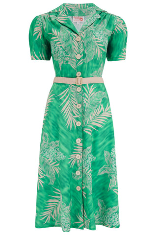 La robe Charlene Shirtwaister en imprimé palmier émeraude, véritable style vintage des années 1950