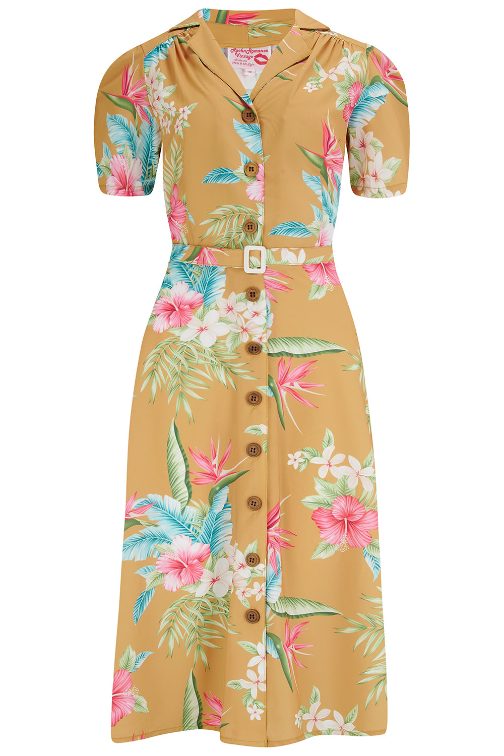 The "Charlene" Shirtwaister Dress in Mustard Honolulu Print, True & Authentic 1950s Vintage Style
