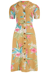 **Vente d'échantillons** La robe chemise « Charlene » en imprimé moutarde Honolulu, style vintage vrai et authentique des années 1950