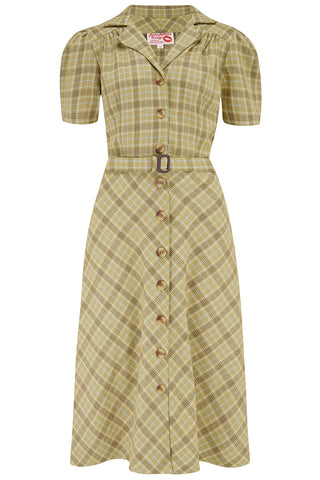 RnR "Luxe" Range, Charlene Shirtwaister Dress in Light Mustard Check 100% Wool, True 1950s Vintage Style (Wool No.3)
